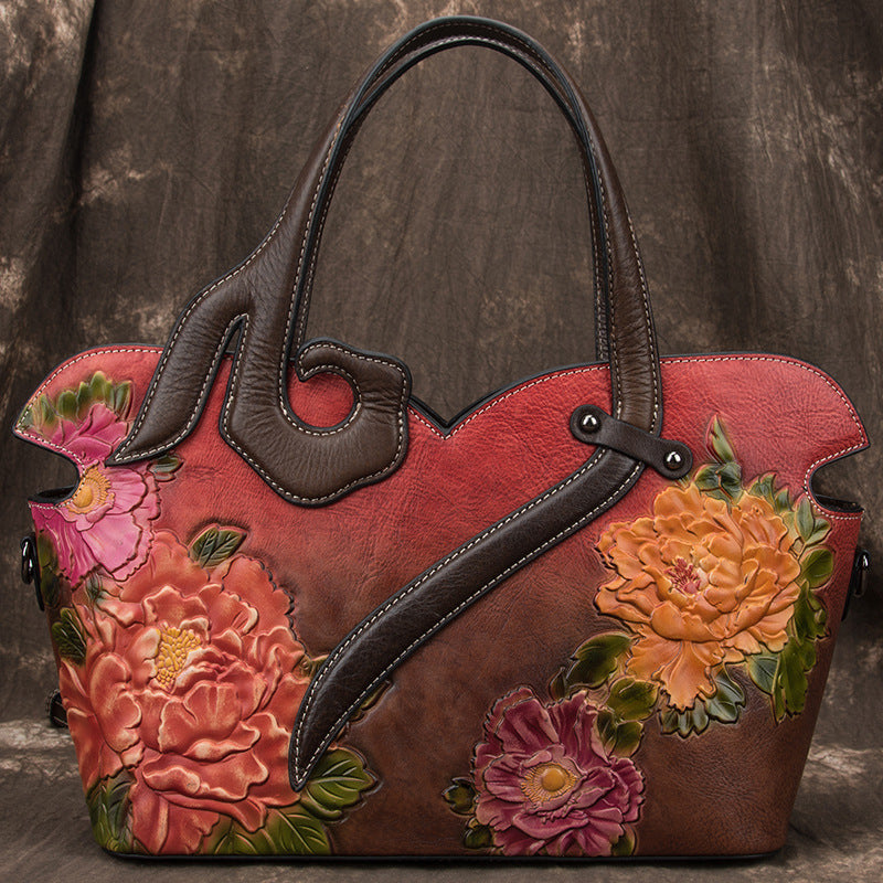 Sarah Express Floral Embossed Cowhide Leather Tote Bag Red