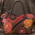 Sarah Express Floral Embossed Cowhide Leather Tote Bag Red