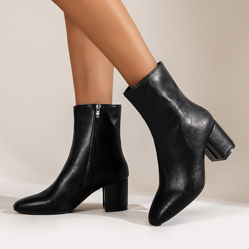 Sarah Express Chunky Heel Pointed Toe Mid-Calf Boots