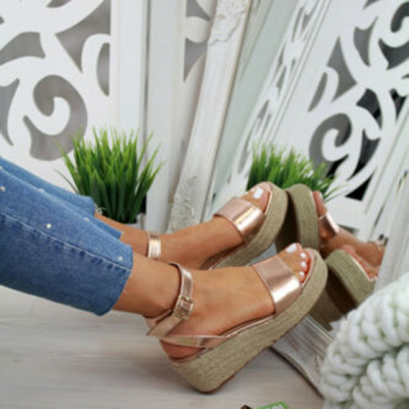 Sarah Express Women's Platform Wedge Ankle Strap Sandals Gold