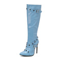 Sarah Express Women's Stiletto Heel Rivet Long Boots Sky Blue
