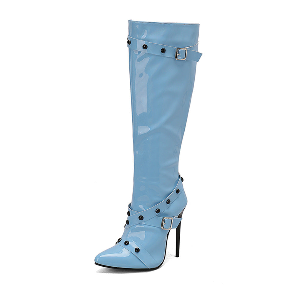 Sarah Express Women's Stiletto Heel Rivet Long Boots Sky Blue