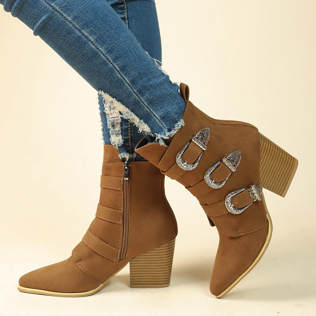 Sarah Express Retro Pointed Toe Chunky Heel Boots