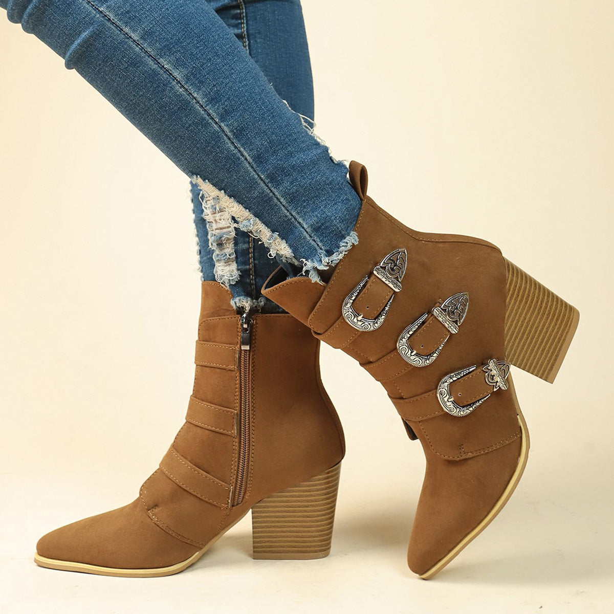 Sarah Express Retro Pointed Toe Chunky Heel Boots