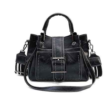 Sarah Express Double Layer Cowhide Leather Bucket Bag Black