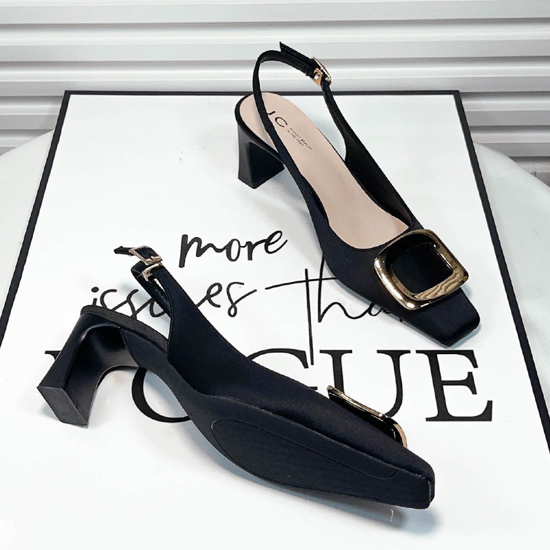 Sarah Express Square Toe Buckle Slingback Block Heels