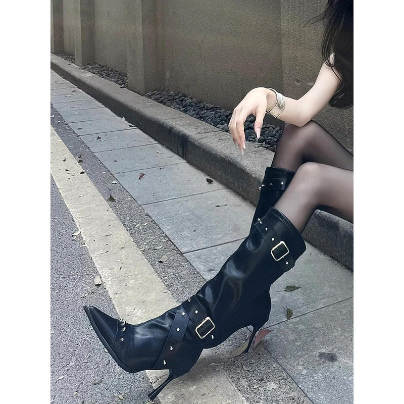 Sarah Express Belt-Buckle Rivet Slim Heel Long Boots