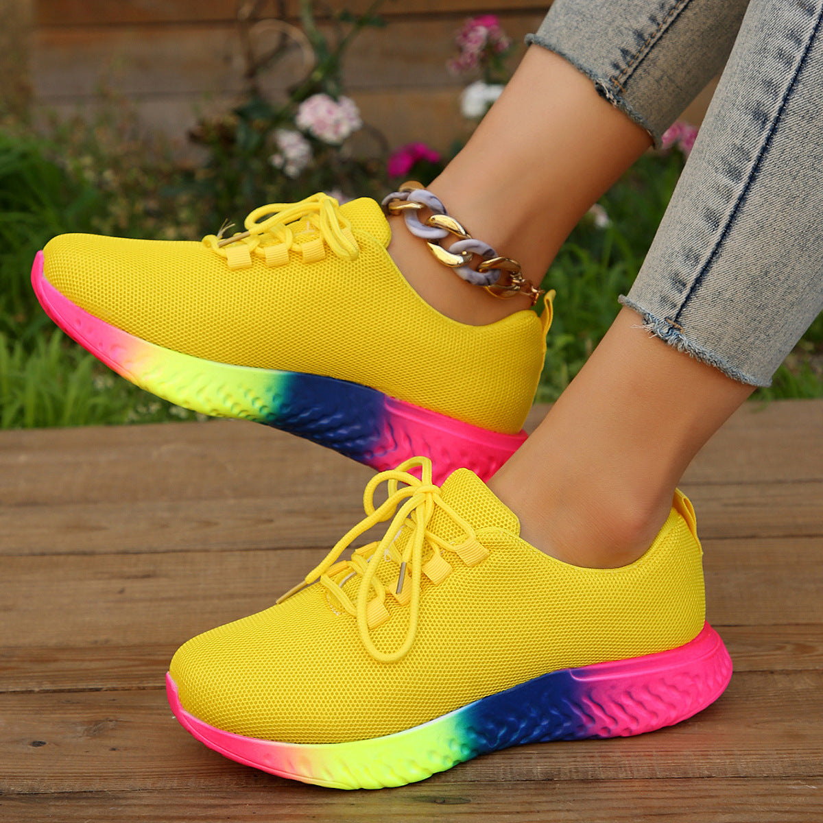 Sarah Express Rainbow Gradient Sole Lace Up Sneakers Yellow