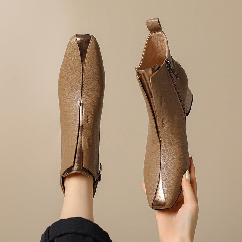 Sarah Express Retro Square-Toe Sheepskin Chunky Heel Boots