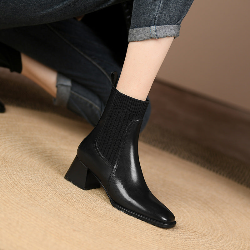 Sarah Express Vintage Square Toe Chunky Heel Ankle Boots
