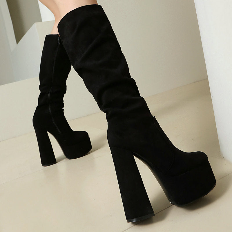 Sarah Express Stretch Suede Chunky High Heel Boots