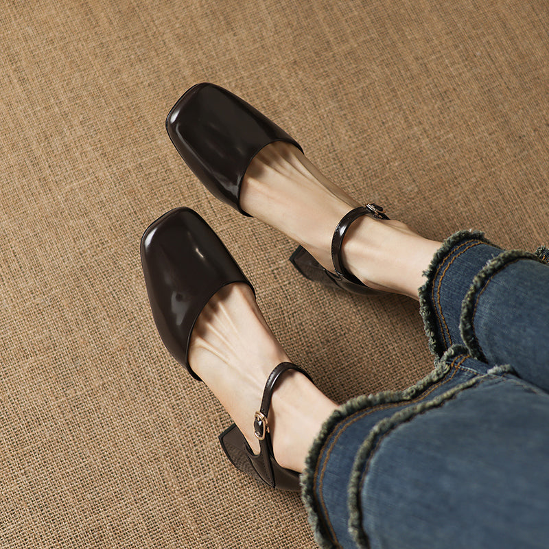 Sarah Express Full-Grain Cowhide Mary Jane Block Heels