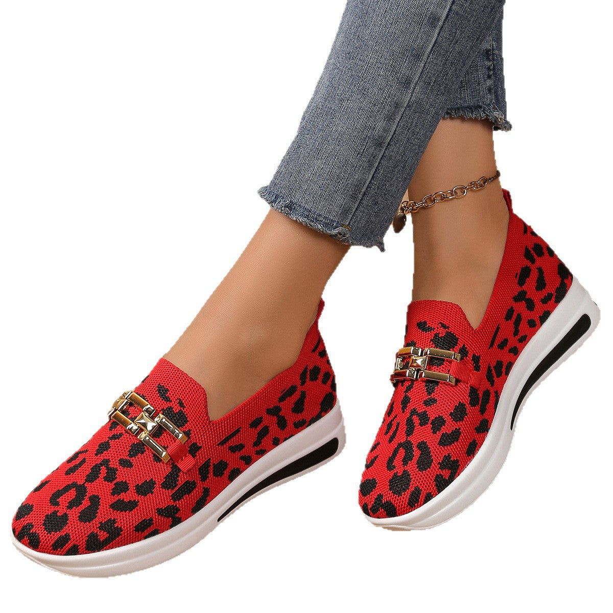 Sarah Express Leopard Print Chain Detail Slip-On Flats