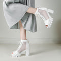 Sarah Express Mesh Peep Toe Chunky Heel Sandals White