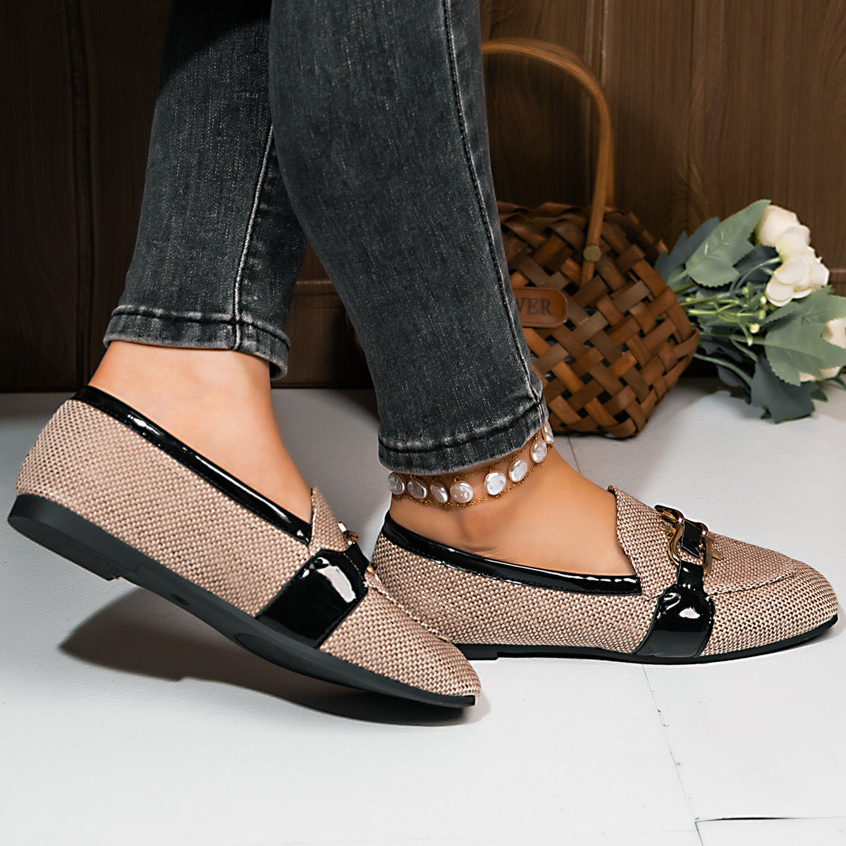 Sarah Express Square Toe Metal Buckle Slip-On Flats