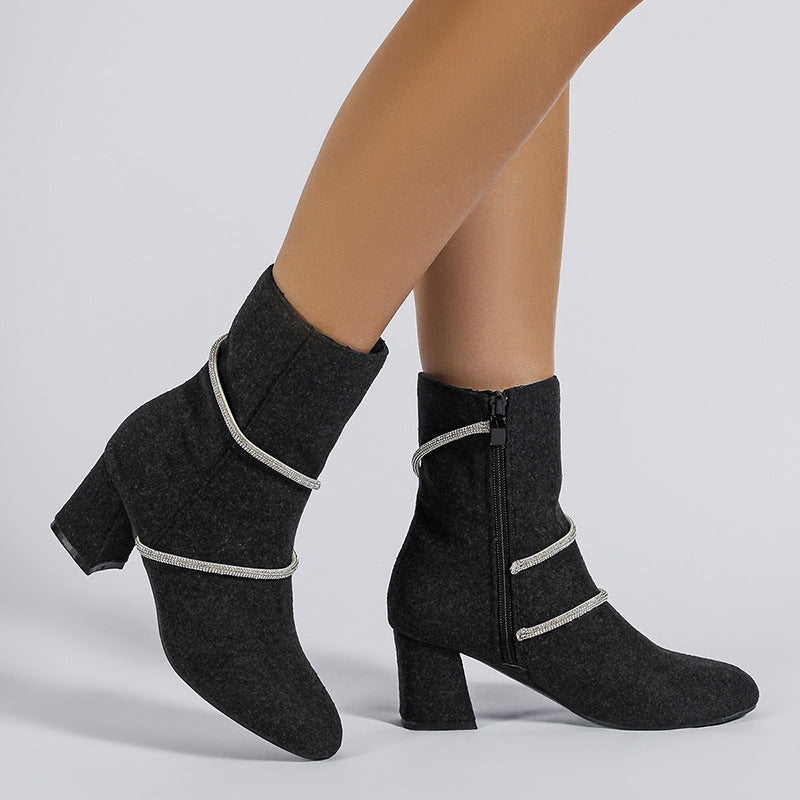 Sarah Express Chunky Mid Heel Rhinestone Chain Boots