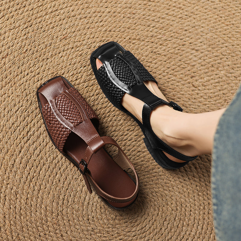 Sarah Express Woven T-Strap Block Heel Sandals