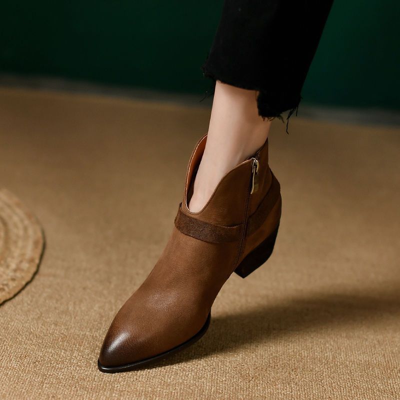 Sarah Express Pointed Toe Chunky Heel Ankle Boots Brown Single Liner