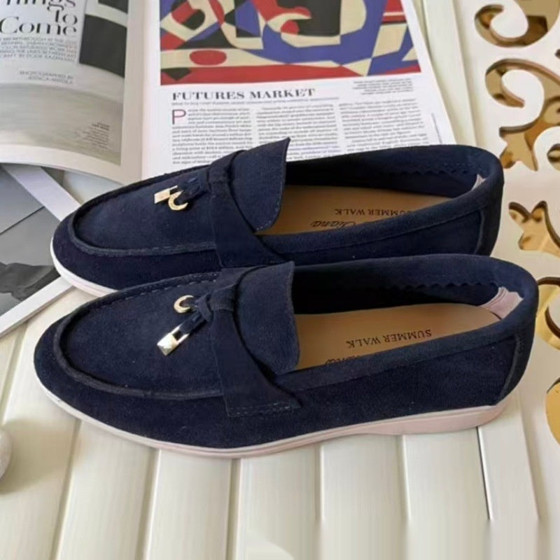 Sarah Express Women's British-Style Flat Slip-On Loafers Dark Blue