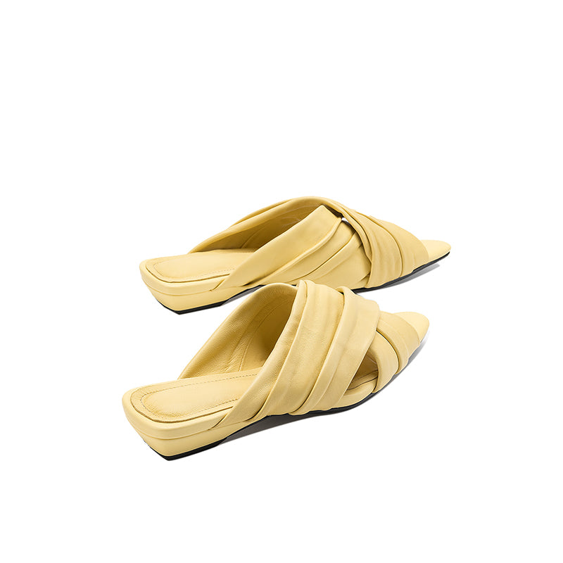 Sarah Express Ruched Lambskin Square Toe Slide Sandals Butter Yellow