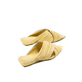 Sarah Express Ruched Lambskin Square Toe Slide Sandals Butter Yellow