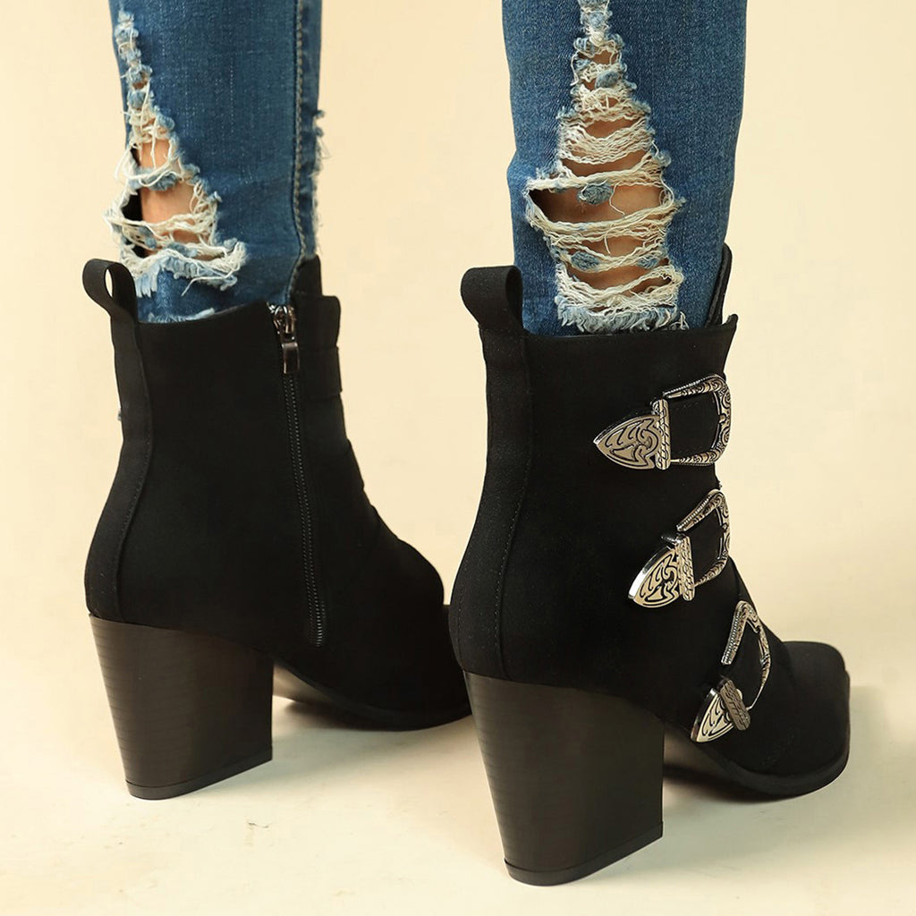 Sarah Express Retro Pointed Toe Chunky Heel Boots