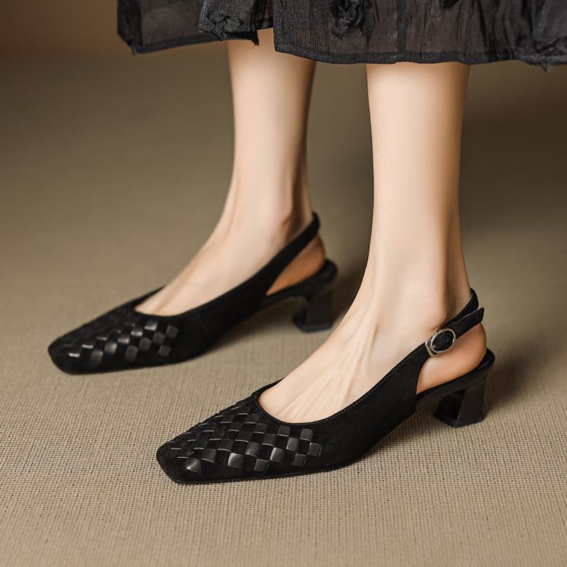 Sarah Express Woven Suede Slingback Block Heel Sandals