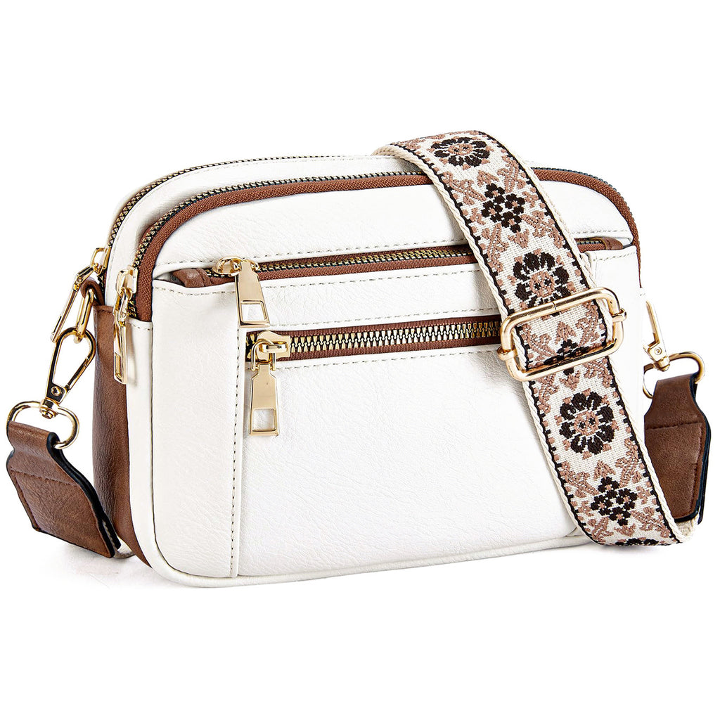 Sarah Express Triple-Zipper Crossbody Bag With Embroidered Strap White With Brown