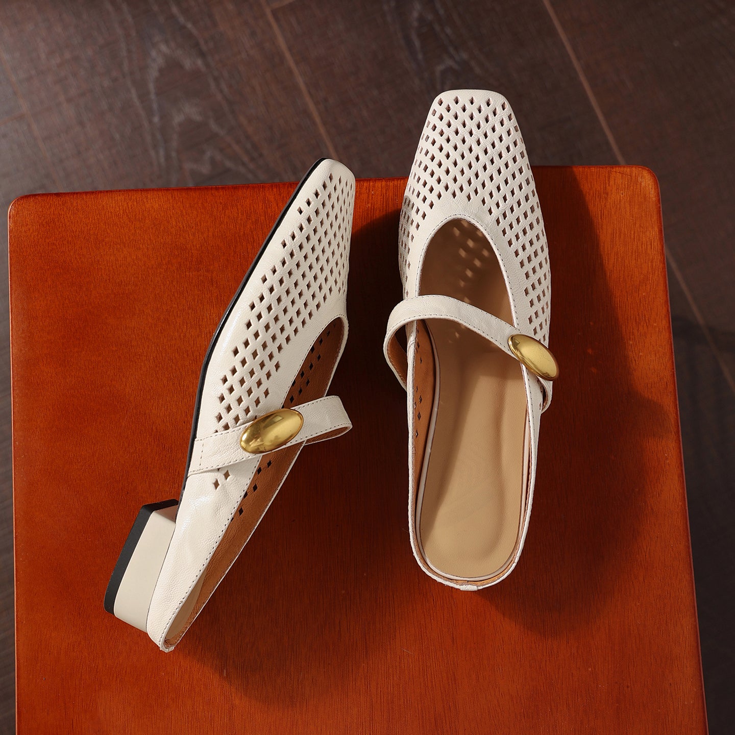 Sarah Express Perforated Sheepskin Mary Jane Mules