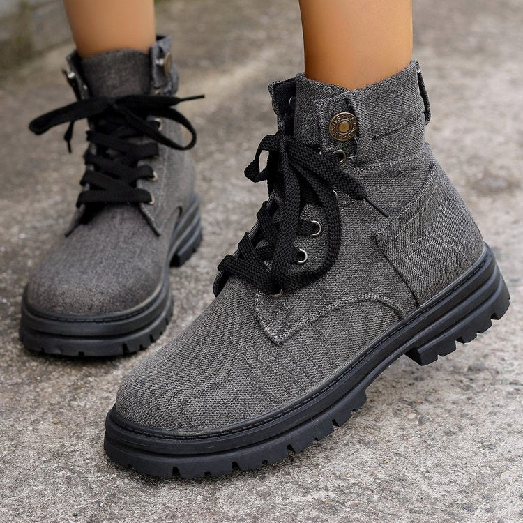Sarah Express Denim Lace-Up Platform Ankle Boots Grey
