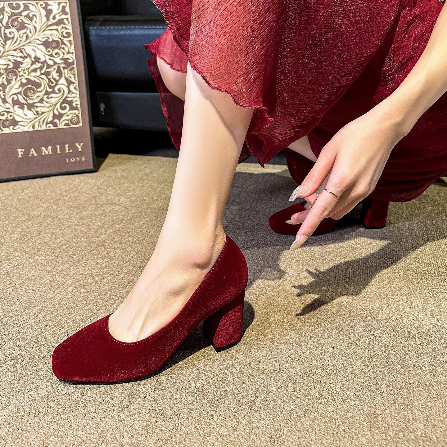 Sarah Express Red Square-toe Chunky-heel Wedding Pumps