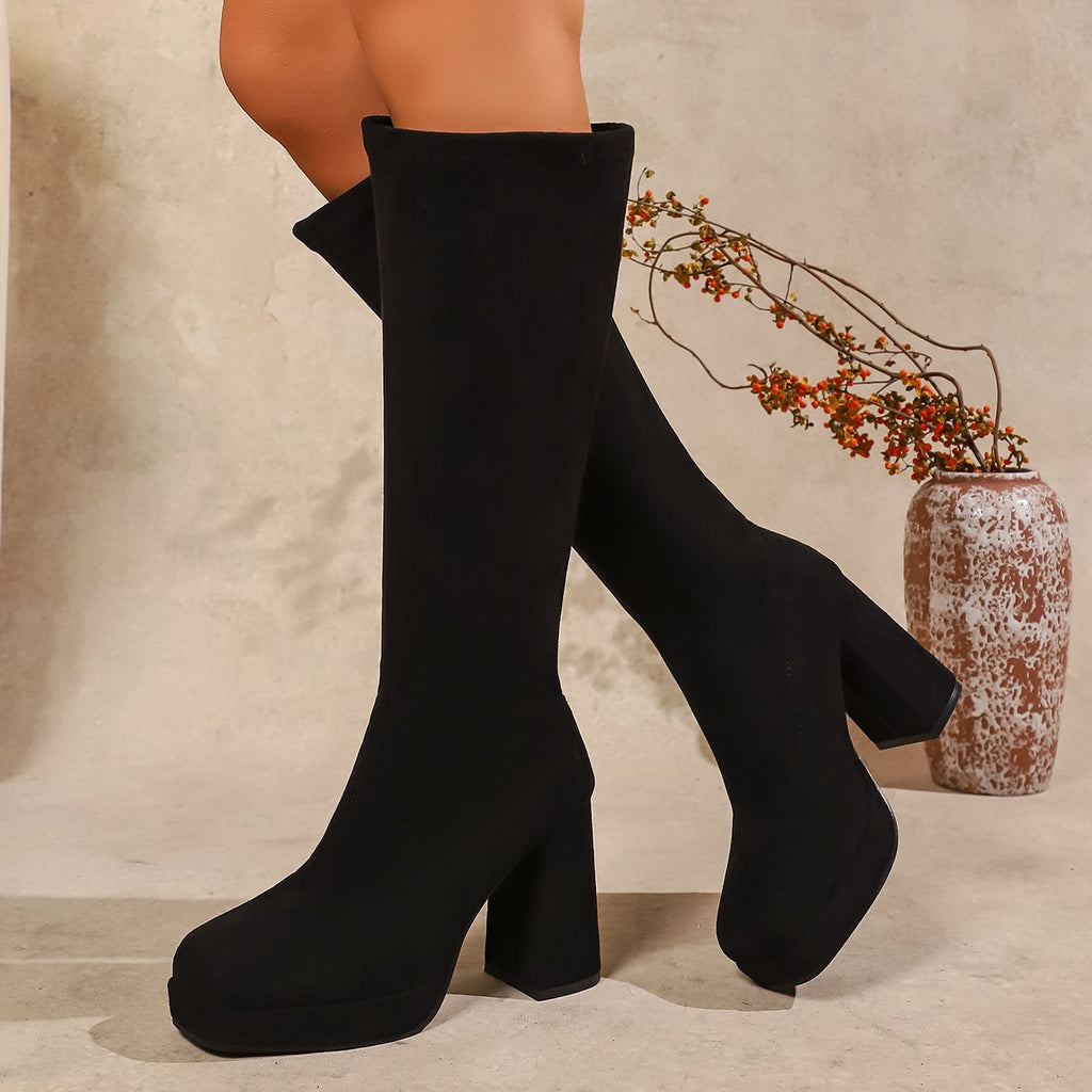 Sarah Express Women's Chunky Heel Square Toe Boots