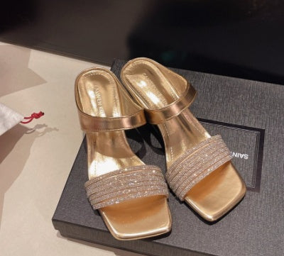 Sarah Express Rhinestone One-Strap Block Heel Sandals Champagne