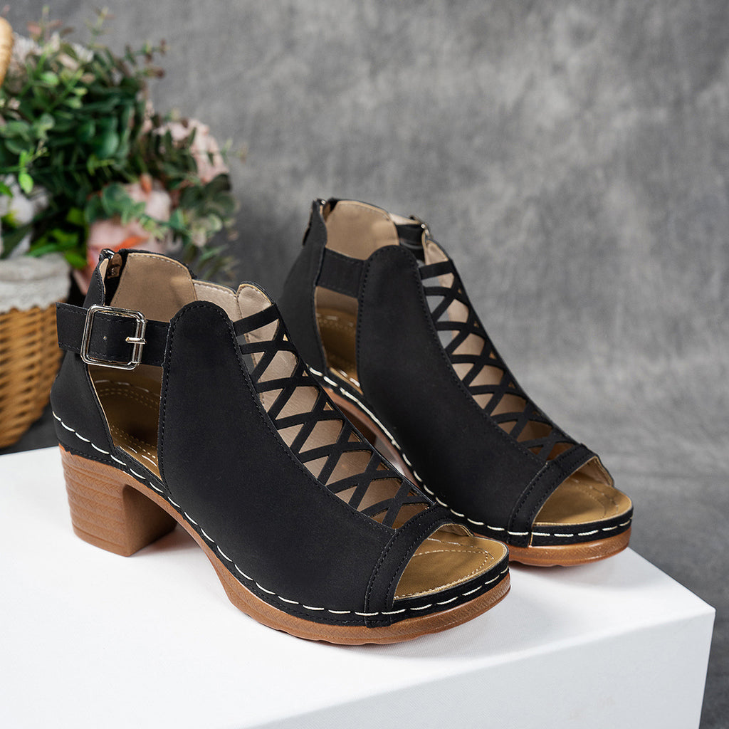 Sarah Express Women's Chunky Block Heel Open Toe Sandals Black