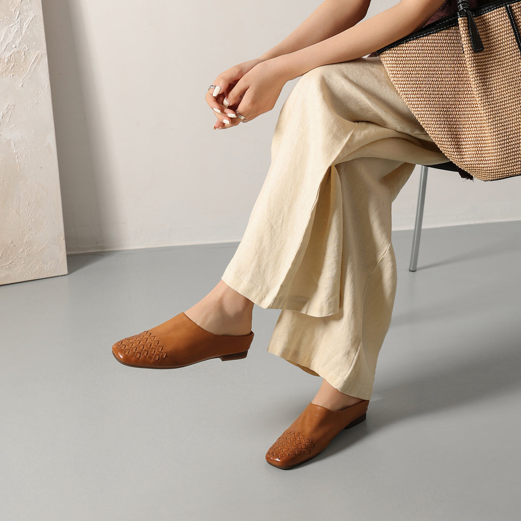 Sarah Express Hand-Woven Leather Square Toe Mule Loafers