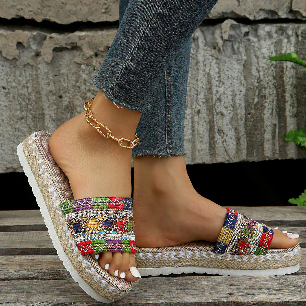 Sarah Express Ethnic Pattern Platform Slide Sandals