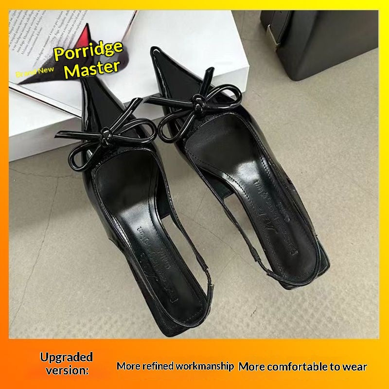 Sarah Express Bow-Knot Pointed-Toe Slingback Stiletto Sandals Black Upgraded Version