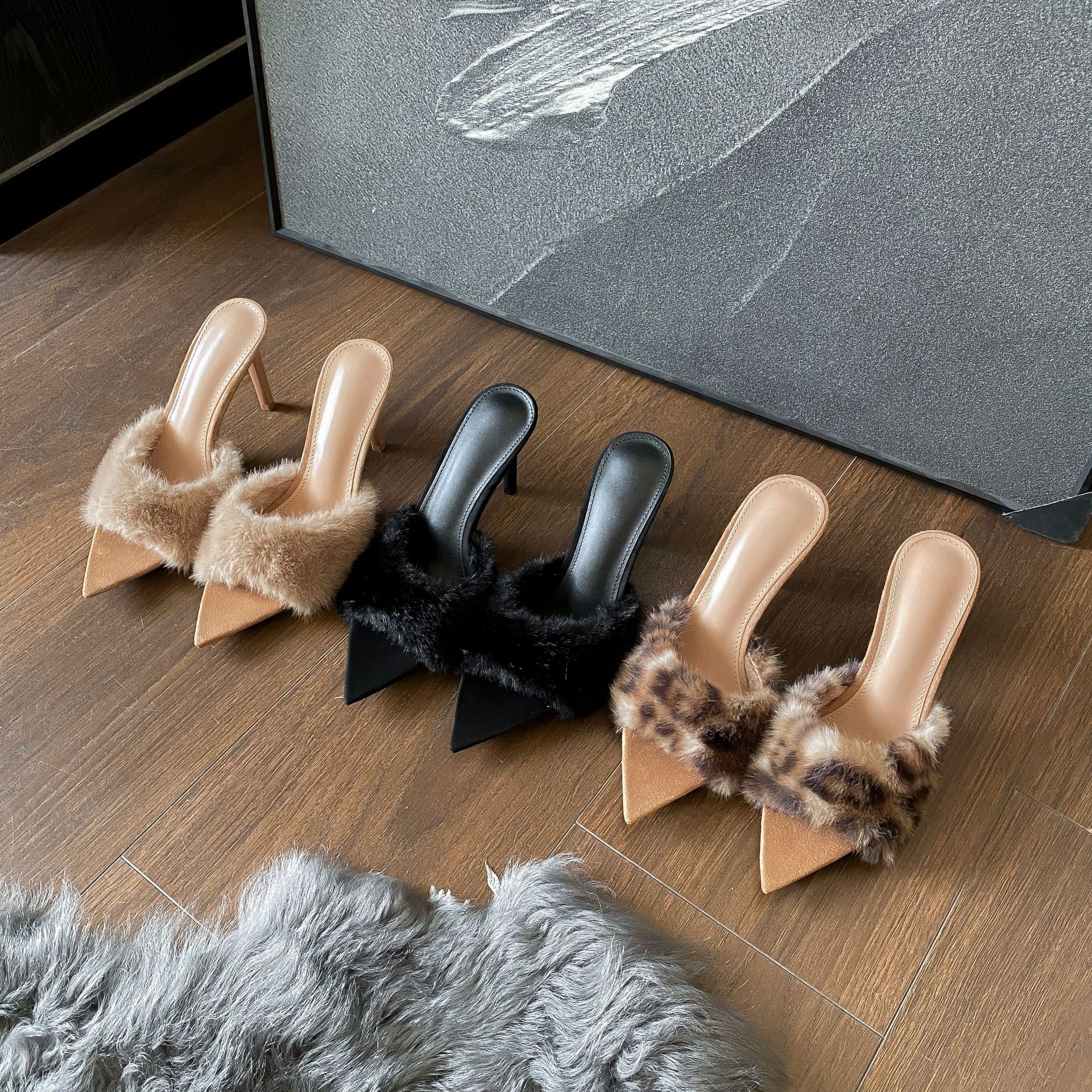 Sarah Express Pointed Toe Plush High Heel Slippers