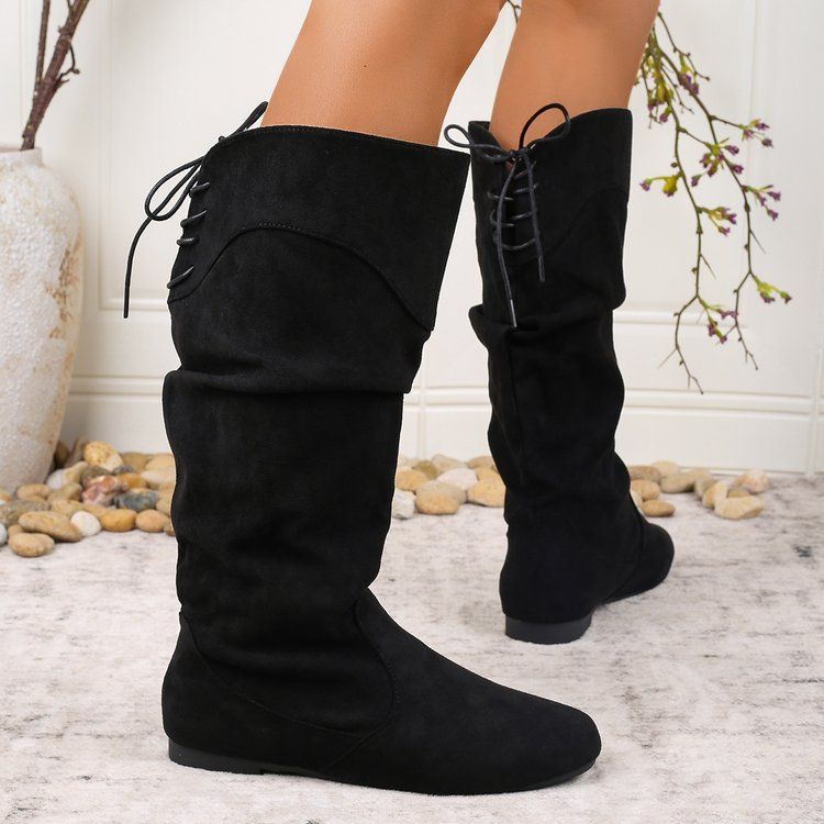 Sarah Express Pleated PU Leather Mid-Calf Chunky Heel Boots