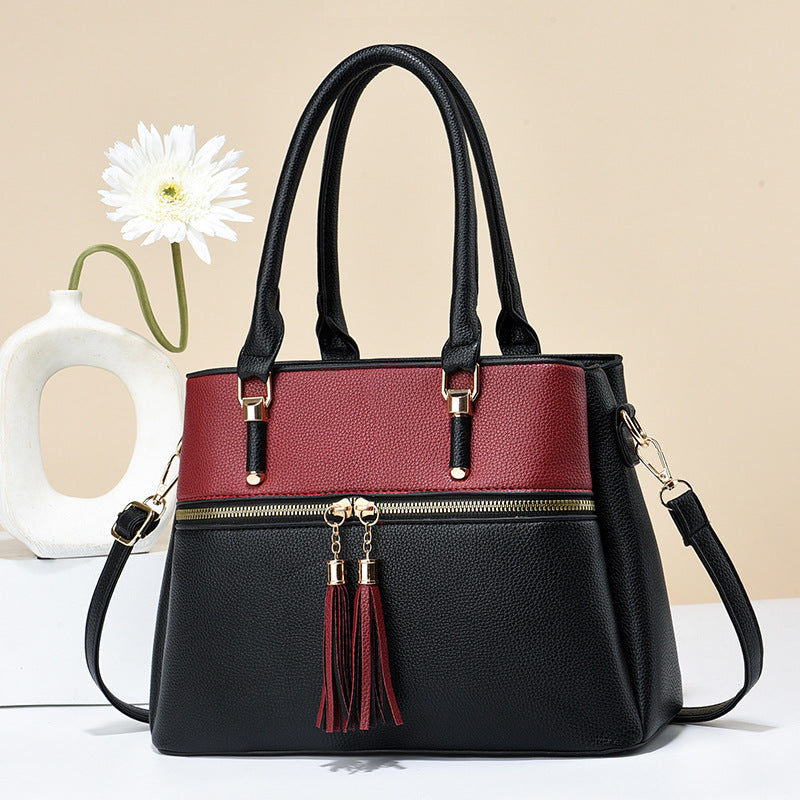 Sarah Express Soft Leather Tassel Shoulder Bag Wine Red With Black