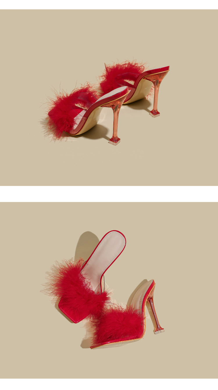 Sarah Express Furry Transparent Stiletto Heel Sandals