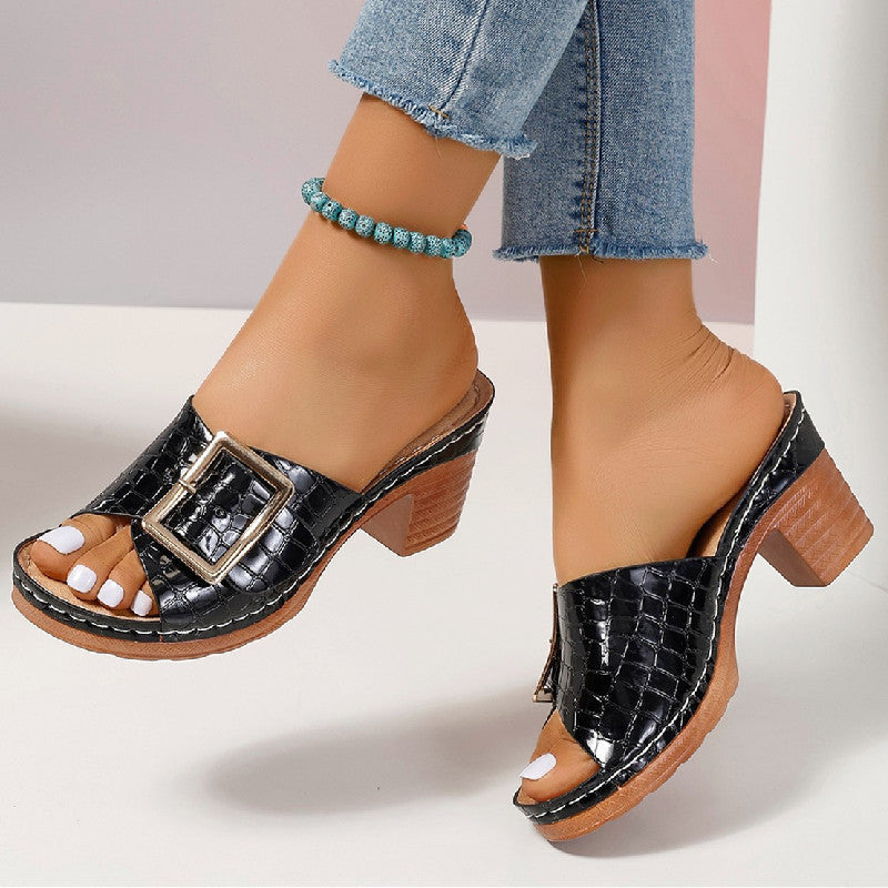 Sarah Express Crocodile Texture Buckle Chunky Heel Sandals
