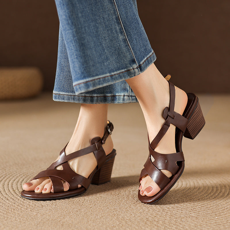 Sarah Express Handcrafted Cowhide Leather Block-Heel Sandals