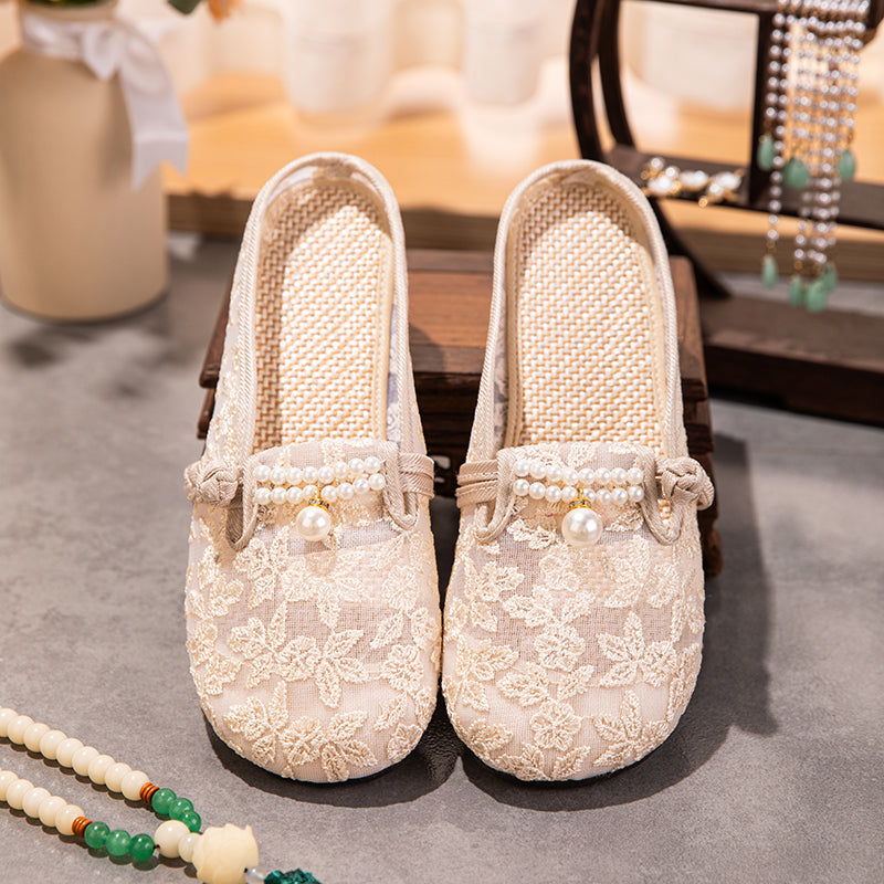Sarah Express Embroidered Mesh Pearl Mule Slippers