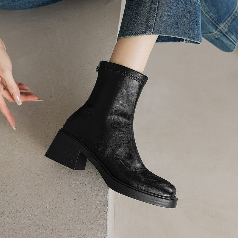 Sarah Express Chunky Heel Square Toe Ankle Boots Black With Velvet Lining