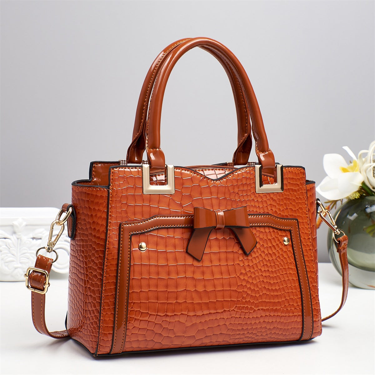 Sarah Express Structured PU Leather Tote Clutch Set Yellowish Brown