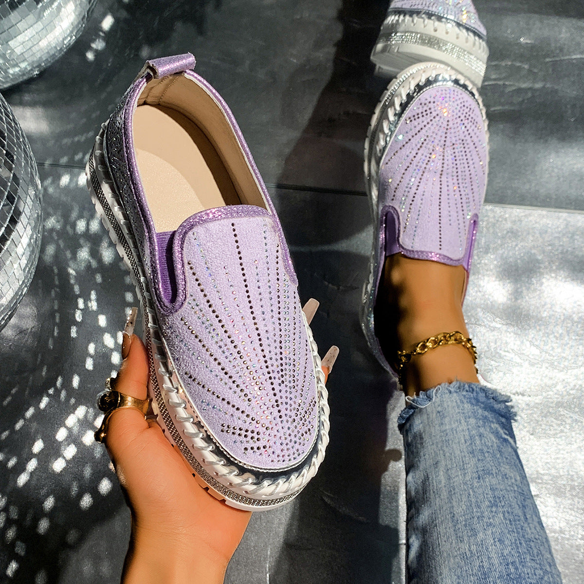 Sarah Express Women's Rhinestone Slip-On Thick Sole Loafers