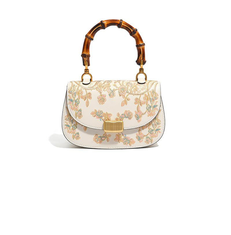 Sarah Express Embroidered Cowhide Bamboo Handle Handbag
