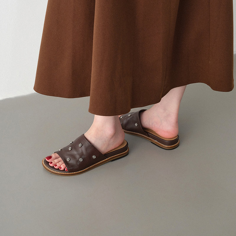 Sarah Express Studded Leather Slide Sandals Flat Mules