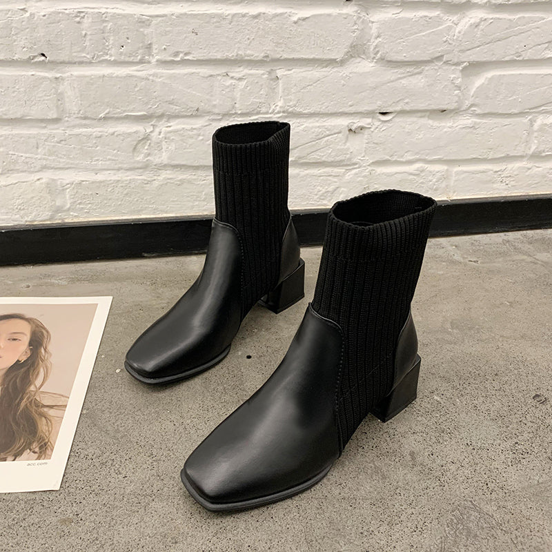 Sarah Express Square Toe Thick Heel Sock Boots Black upgrade